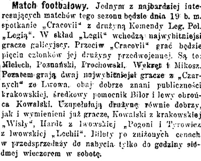 Notatka prasowa dotycząca meczu Cracovii z Drużyną Komendy Legionów „Legia”. Bilor, jako legionista, reprezentował tę drugą. „Nowa Reforma” 1917, nr 379, s. 2. Źródło: Jagiellońska Biblioteka Cyfrowa