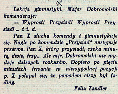 Anegdota z życia wzięta opublikowana w rubryce Zgrzyty i trzaski dwutygodnika „Radio dla Wszystkich”, nr 23/1939 (fading oznacza zanikanie sygnału) Źródło: Biblioteka Narodowa