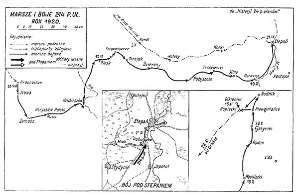 Szlak bojowy 24. Pułku Ułanów, w którym walczył Wacław Gebethner. Ilustracja zamieszczona w książce Stanisława Broczyńskiego Zarys historji wojennej 24-go pułku ułanów, Warszawa 1929. Źródło: Wielkopolska Biblioteka Cyfrowa