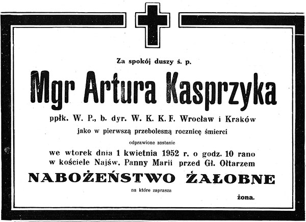 Zawiadomienie o nabożeństwie żałobnym w Krakowie odprawianym w intencji ppłk. Artura Kasprzyka, 1952 r. Źródło: Biblioteka Narodowa
