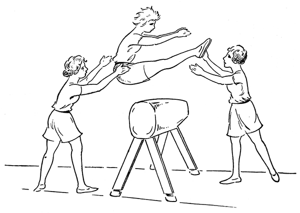 Przeskok wolny ponad przyrząd – obowiązkowy element zawodów olimpijskich w Berlinie. Ilustracja w dodatku do „Przewodnika Gimnastycznego »Sokół«”, nr 2/1936. Ze zbiorów Biblioteki Narodowej