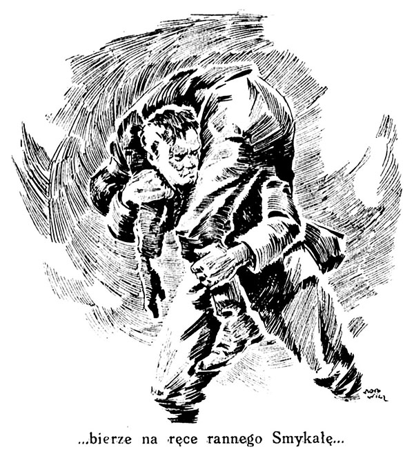 Ilustracja obrazująca wydarzenia z okresu walk o Lichynię – powstaniec niesie na ramionach rannego kolegę („Żołnierz Polski”, nr 51–52/1931). Źródło: Biblioteka Narodowa