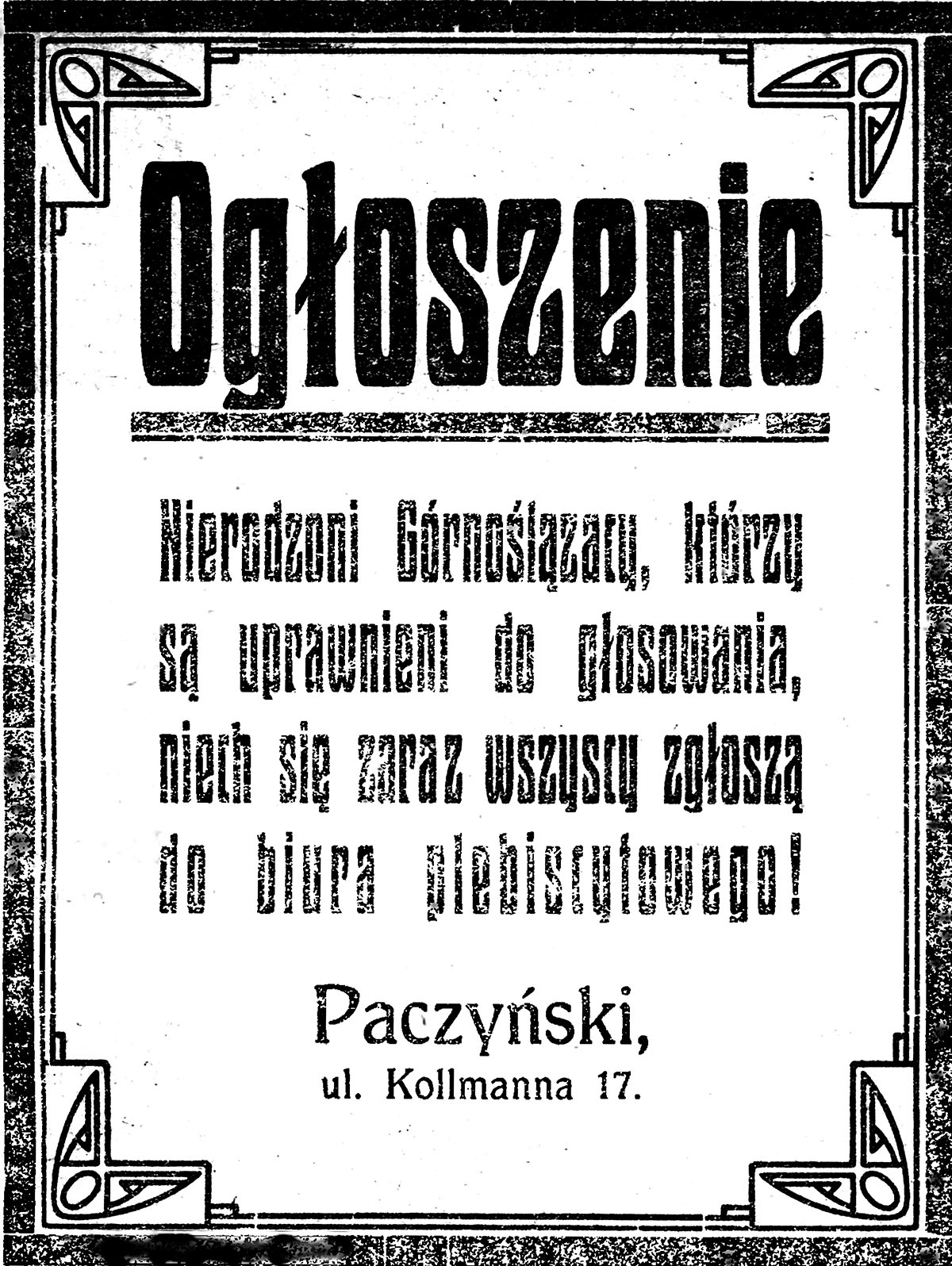 Ogłoszenie w „Bismarckhütter Zeitung” (nr 6/1921), 20 stycznia 1921 r. Źródło: Śląska Biblioteka Cyfrowa