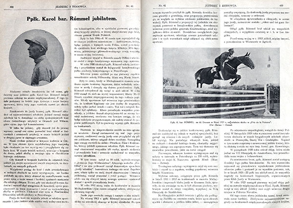 Fragmenty artykułu w tygodniku „Jeździec i Hodowca”, nr 41/1932, poświęconego Karolowi Rómmlowi. Źródło: Śląska Biblioteka Cyfrowa