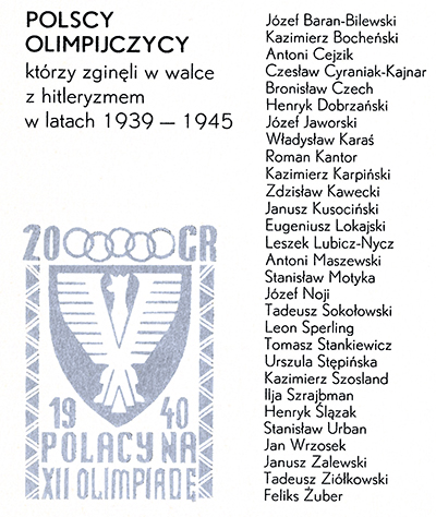 Fragment karty pocztowej upamiętniającej polskich olimpijczyków, którzy zginęli podczas wojny Ze zbiorów prywatnych Jacka Kosmali